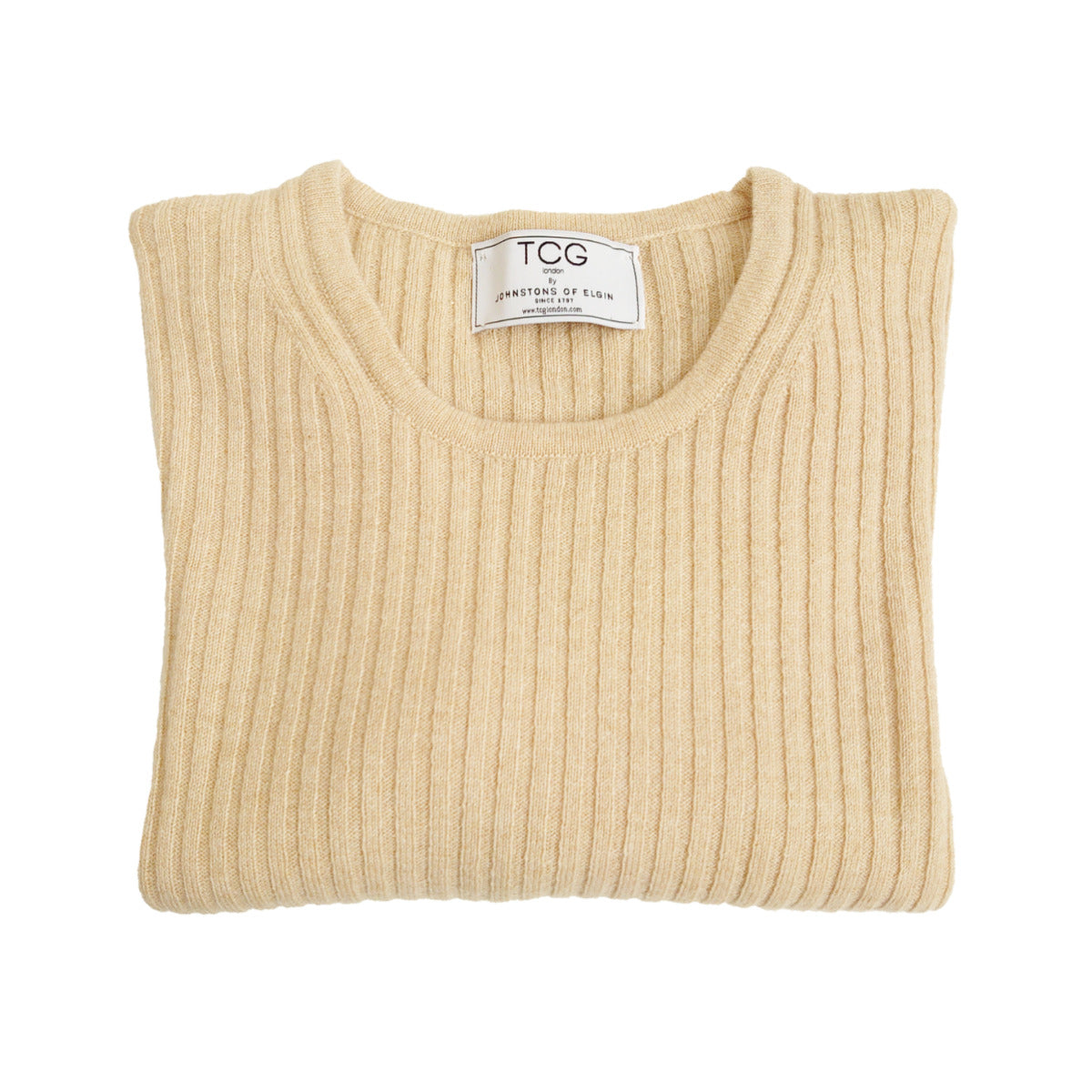 Ladies Ribbed Round Neck 100% Pure Cashmere Jumper - Natural - S
