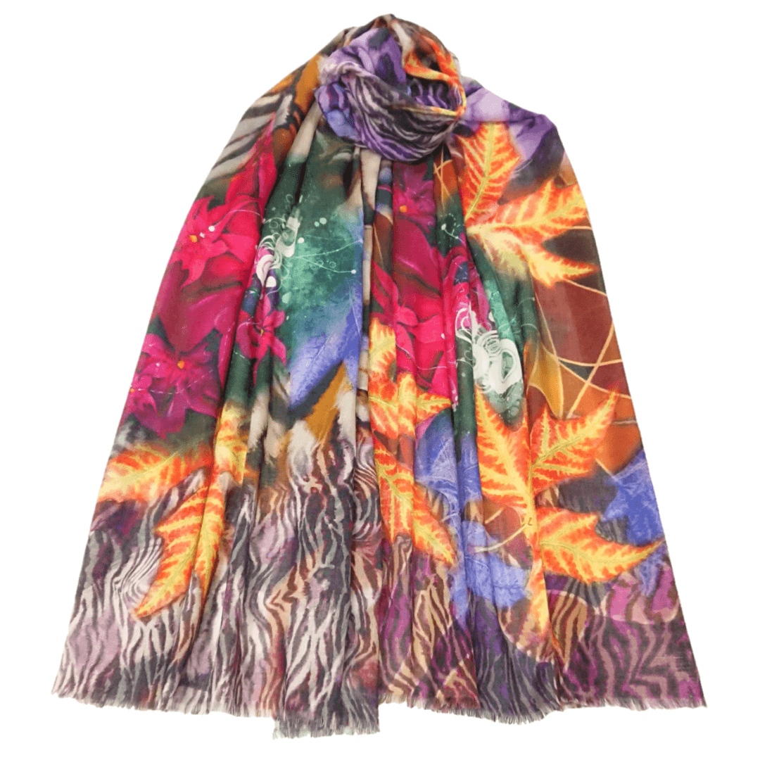 Ltd Edition 100% Pure Pashmina Cashmere Stole - Large Scarf - Flowers, Leaves And Bark Print