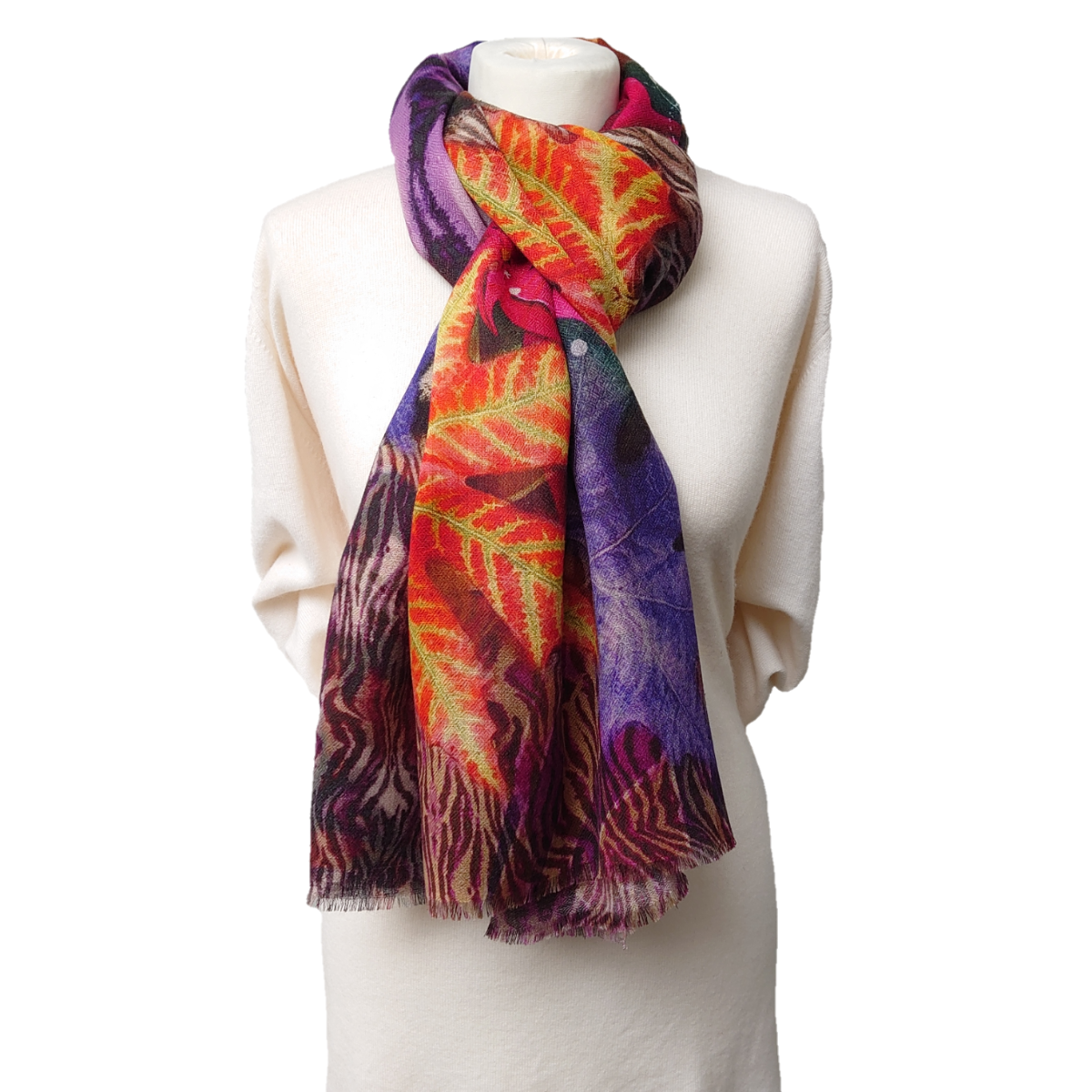 Ltd Edition 100% Pure Pashmina Cashmere Stole - Large Scarf - Flowers, Leaves And Bark Print
