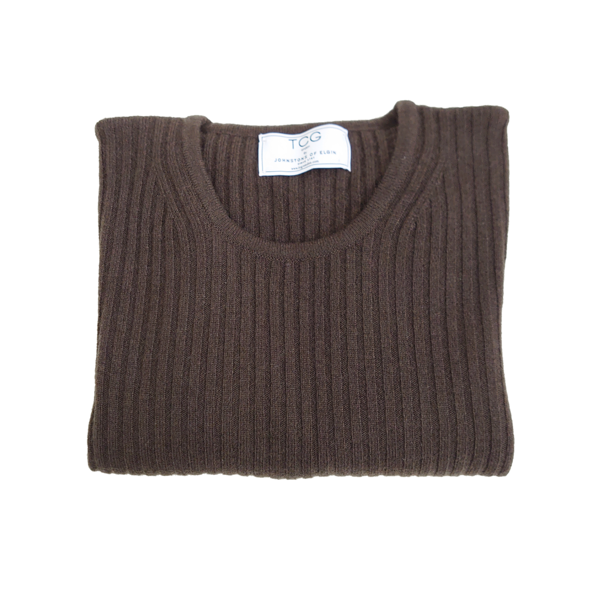 Ladies Ribbed Round Neck 100% Pure Cashmere Jumper - Peat Brown - M
