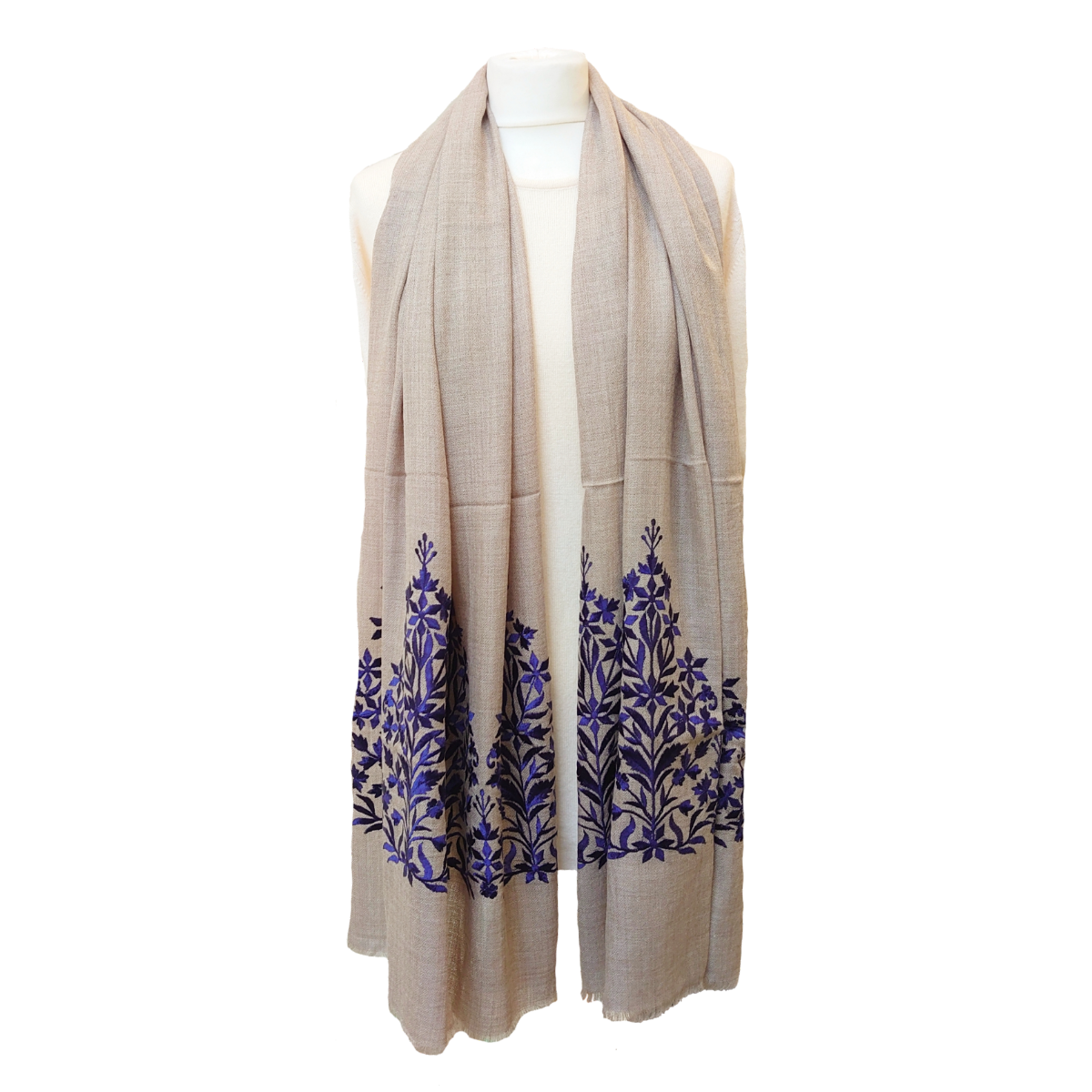 Limited Edition Fine Pashmina Stole With Embroidered Ends - Stone-Midnight Blue