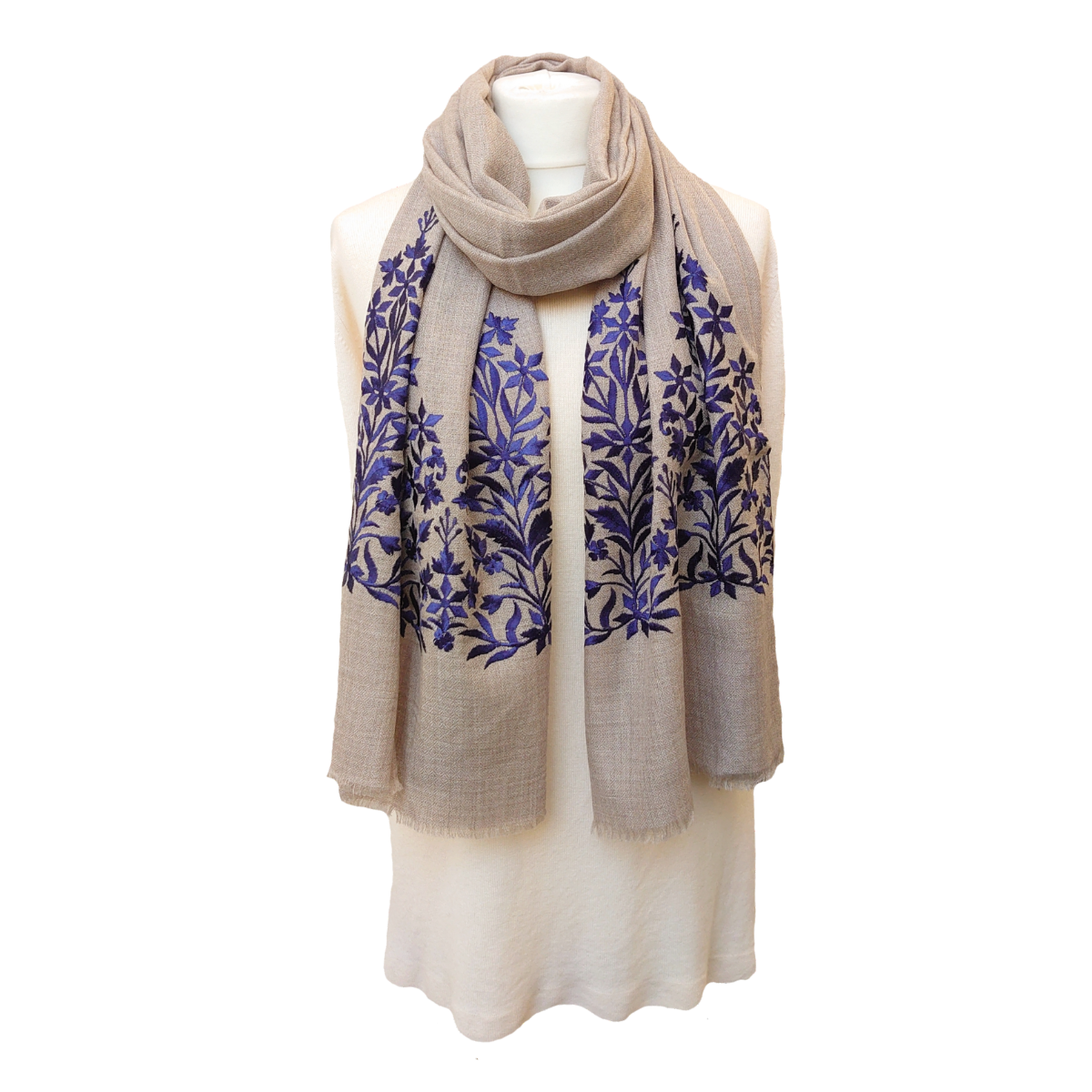 Limited Edition Fine Pashmina Stole With Embroidered Ends - Stone-Midnight Blue