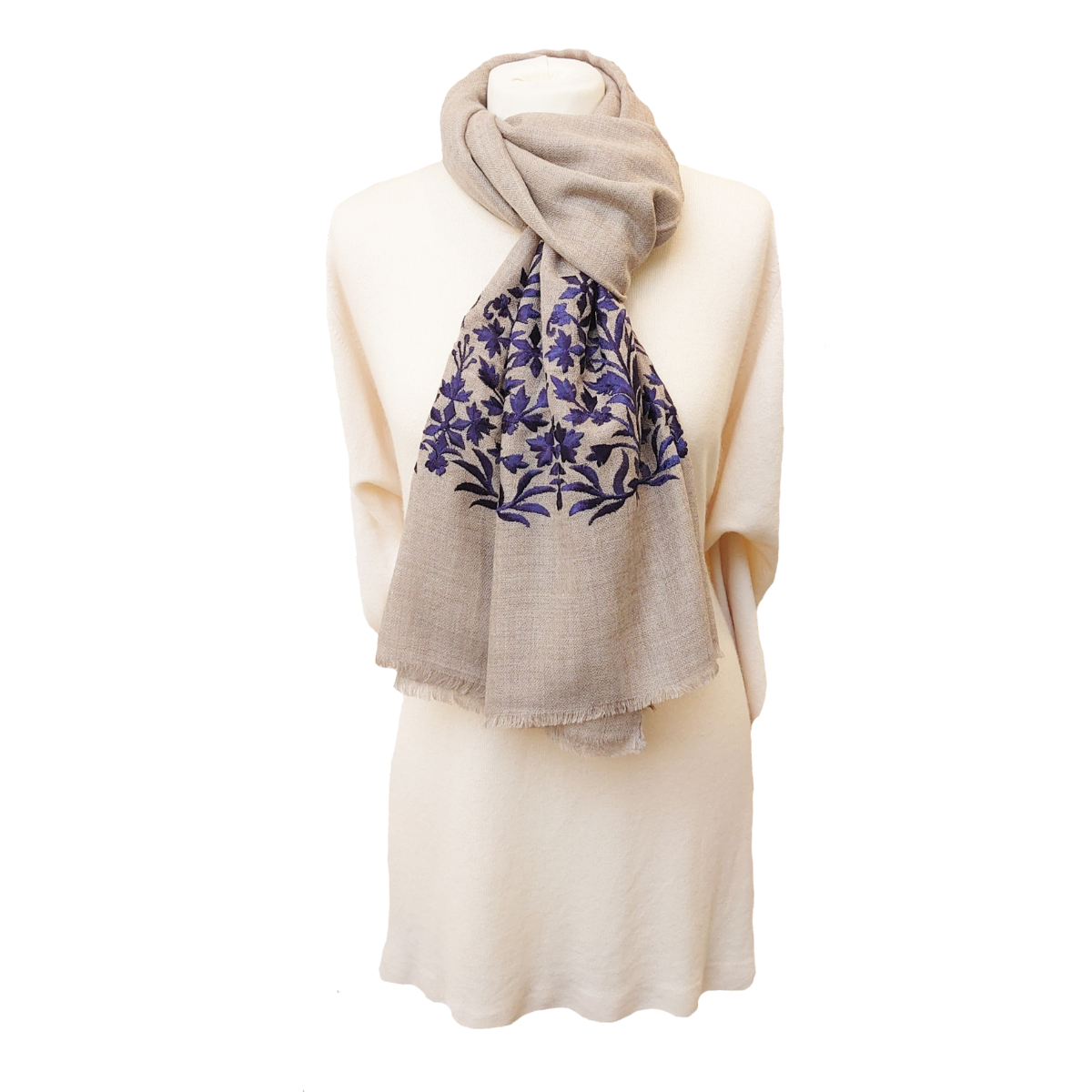 Limited Edition Fine Pashmina Stole With Embroidered Ends - Stone-Midnight Blue