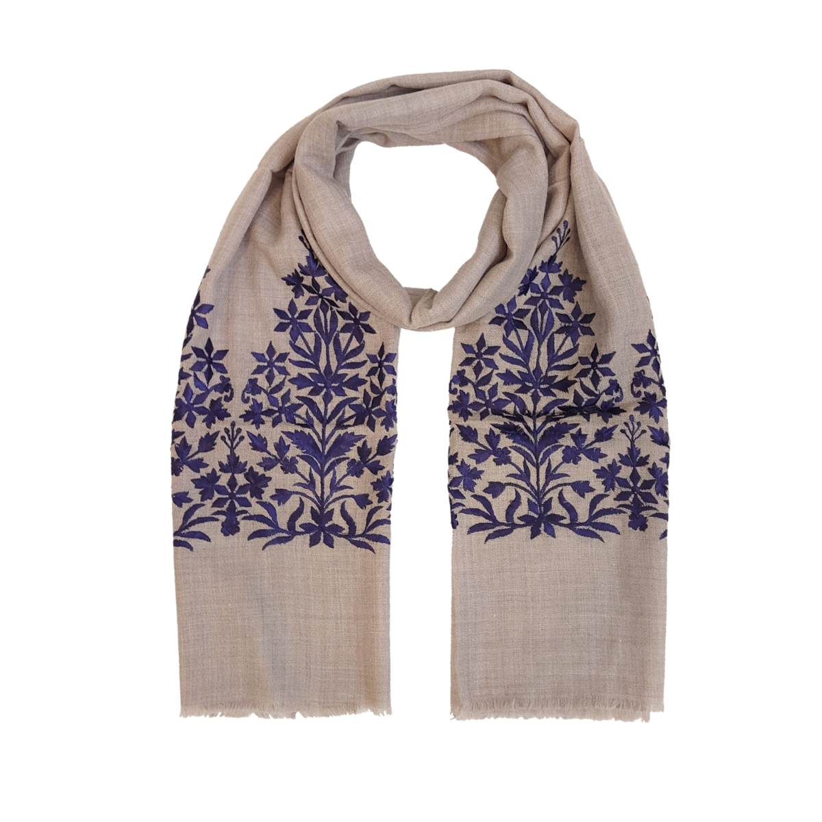 Limited Edition Fine Pashmina Stole With Embroidered Ends - Stone-Midnight Blue