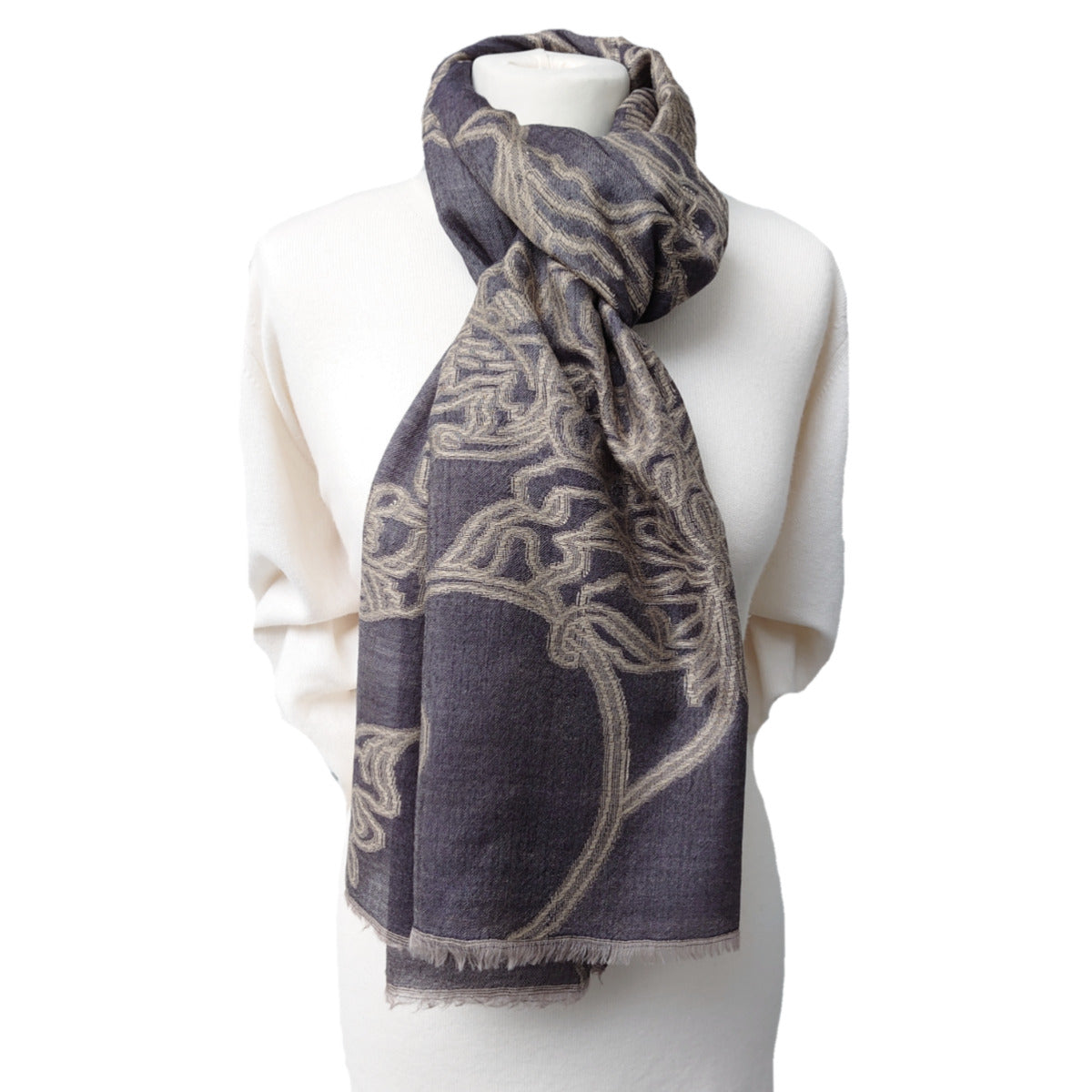 Fine Pashmina Stole - Large Scarf - Petrol Grey with Abstract Pattern