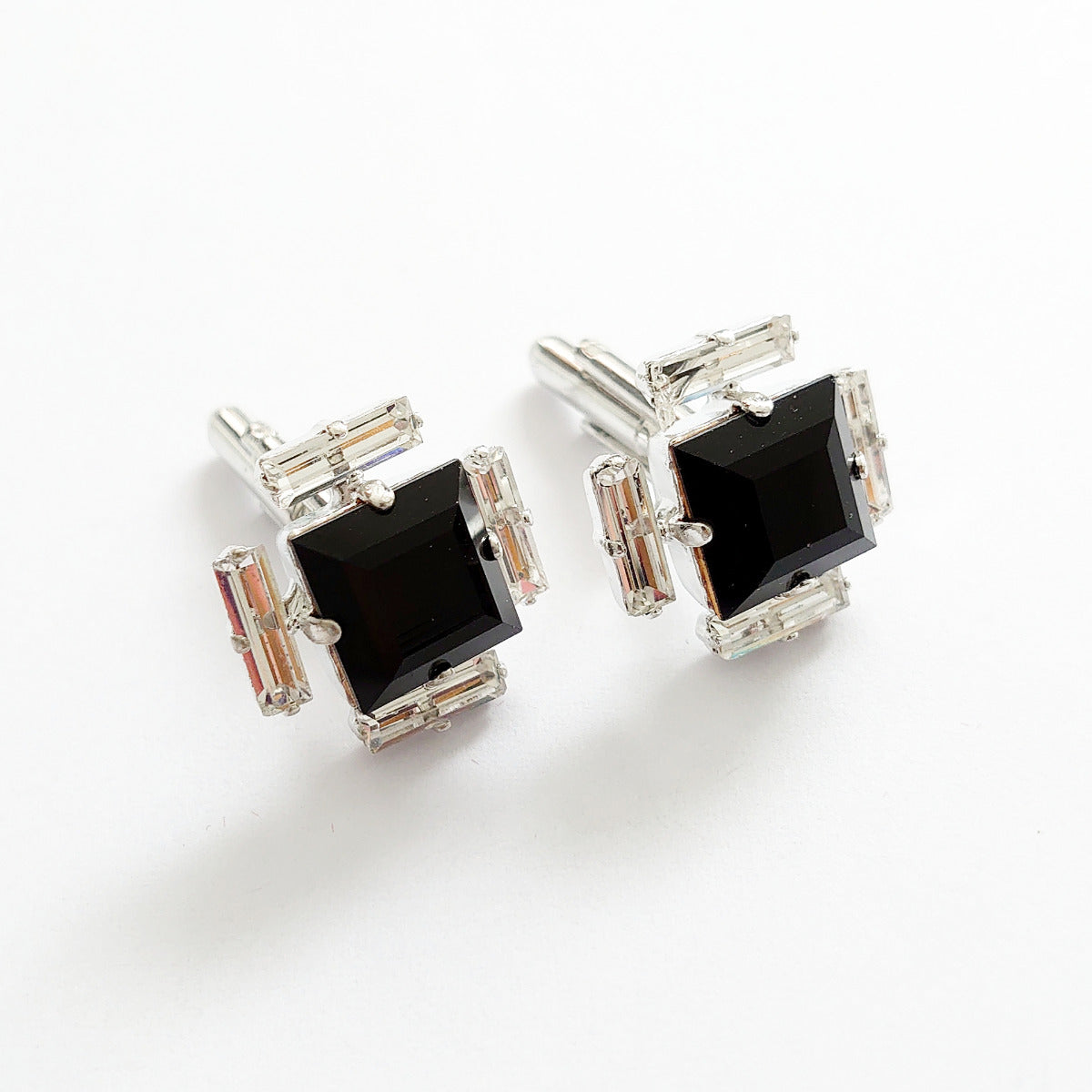 Baguette Surround Square Cufflinks - Jet-Clear - Swarovski Crystals
