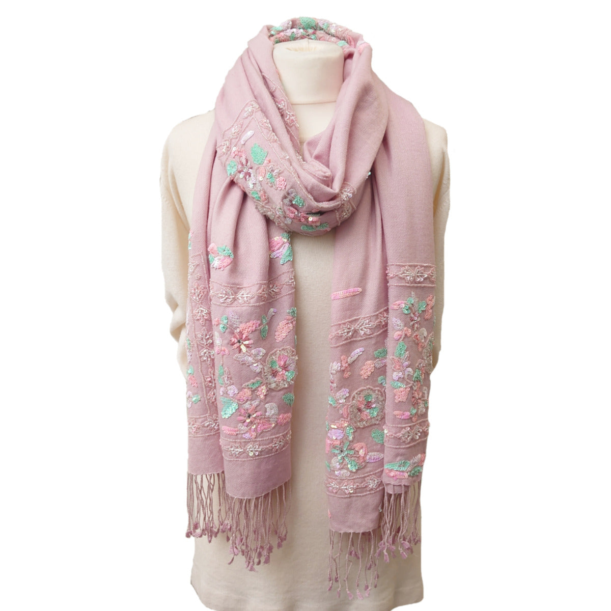 Exclusive Luxury Pashmina With Beaded Design - Pale Pink