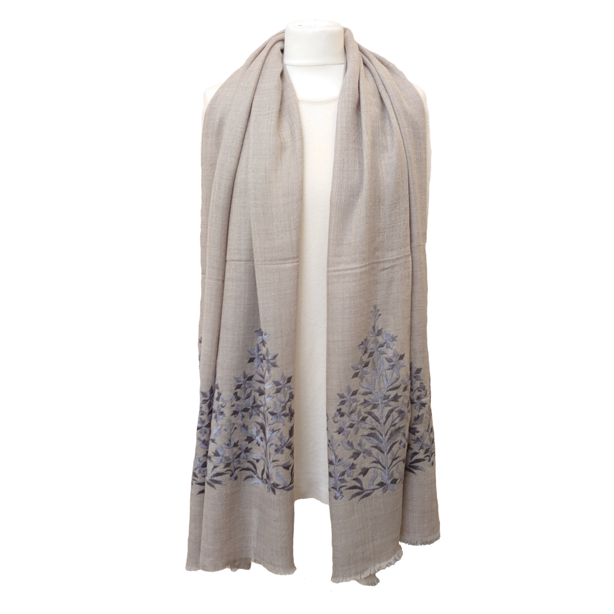 Limited Edition Fine Pashmina Stole With Embroidered Ends - Stone-Light Blue