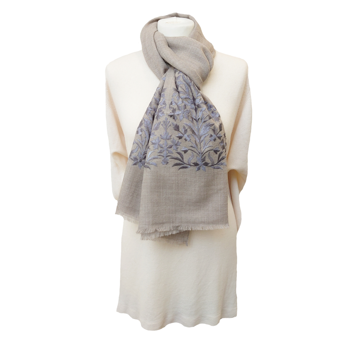 Limited Edition Fine Pashmina Stole With Embroidered Ends - Stone-Light Blue