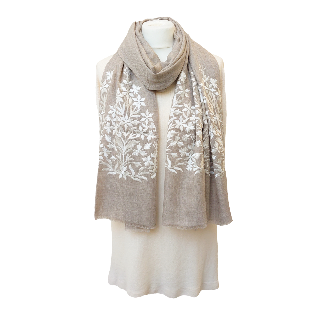 Limited Edition Fine Pashmina Stole With Embroidered Ends - Stone-White