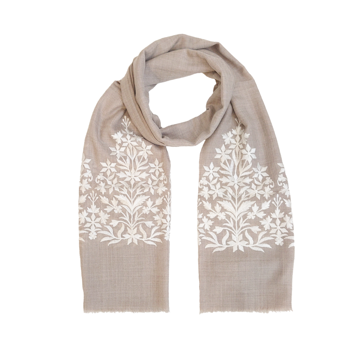 Limited Edition Fine Pashmina Stole With Embroidered Ends - Stone-White