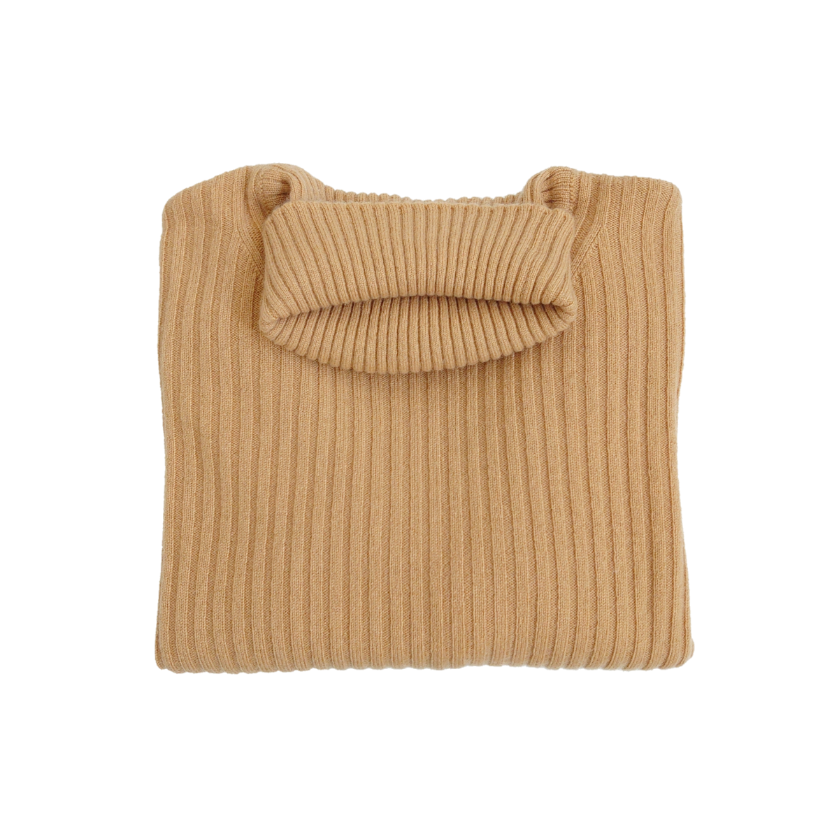 Ladies Ribbed Roll Neck 100% Pure Cashmere Jumper - Camel - M