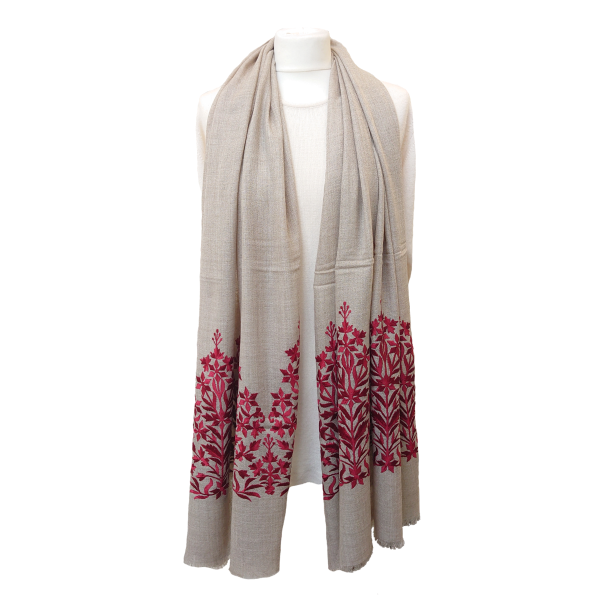 Limited Edition Fine Pashmina Stole With Embroidered Ends - Stone-Red