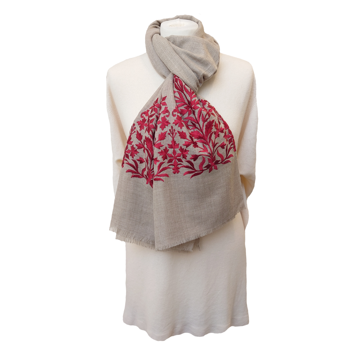Limited Edition Fine Pashmina Stole With Embroidered Ends - Stone-Red