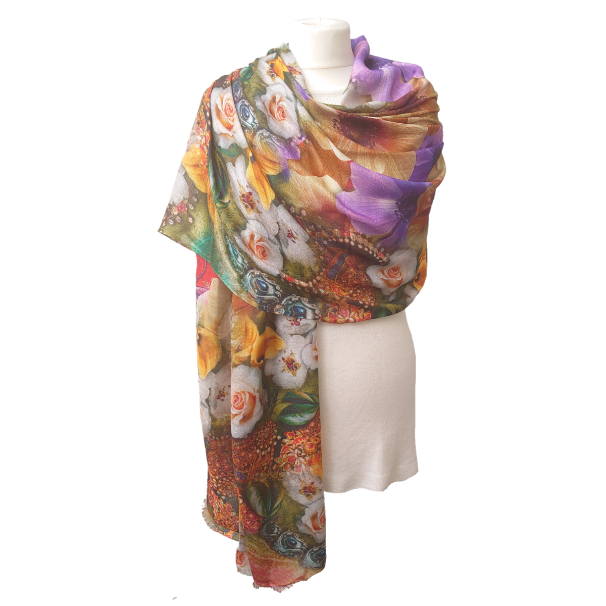 Fine Pashmina Stole - Large Scarf - Lilac, Yellow and White Flowers Print