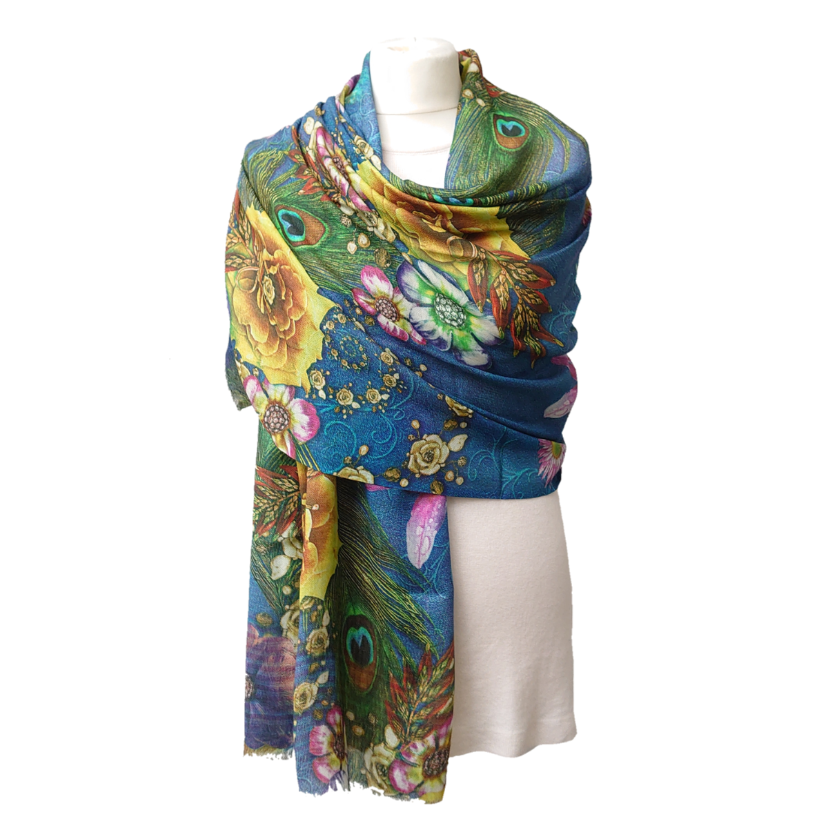 Fine Pashmina Stole - Large Scarf - Peacock Feathers and Flowers Print