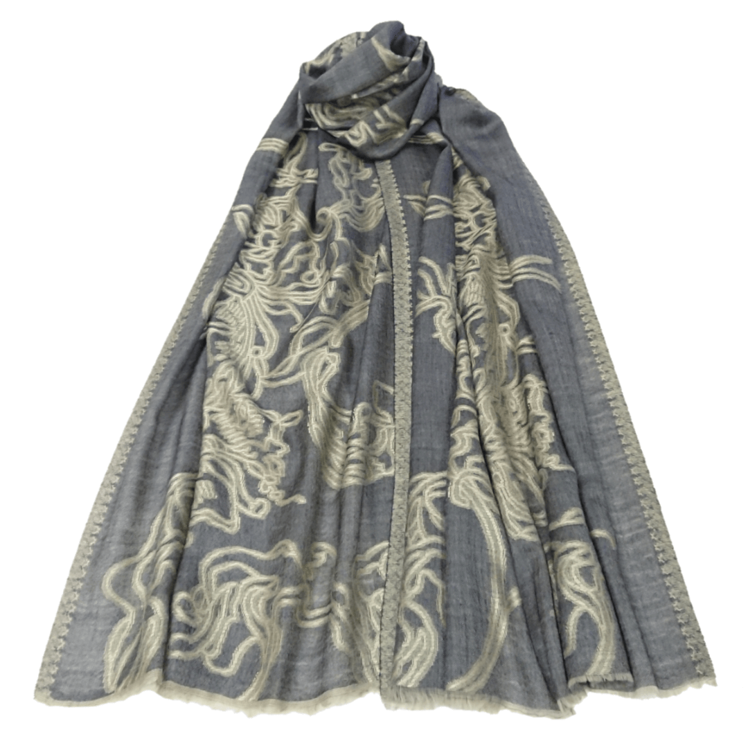 Fine Pashmina Stole - Large Scarf - Petrol Grey with Abstract Pattern