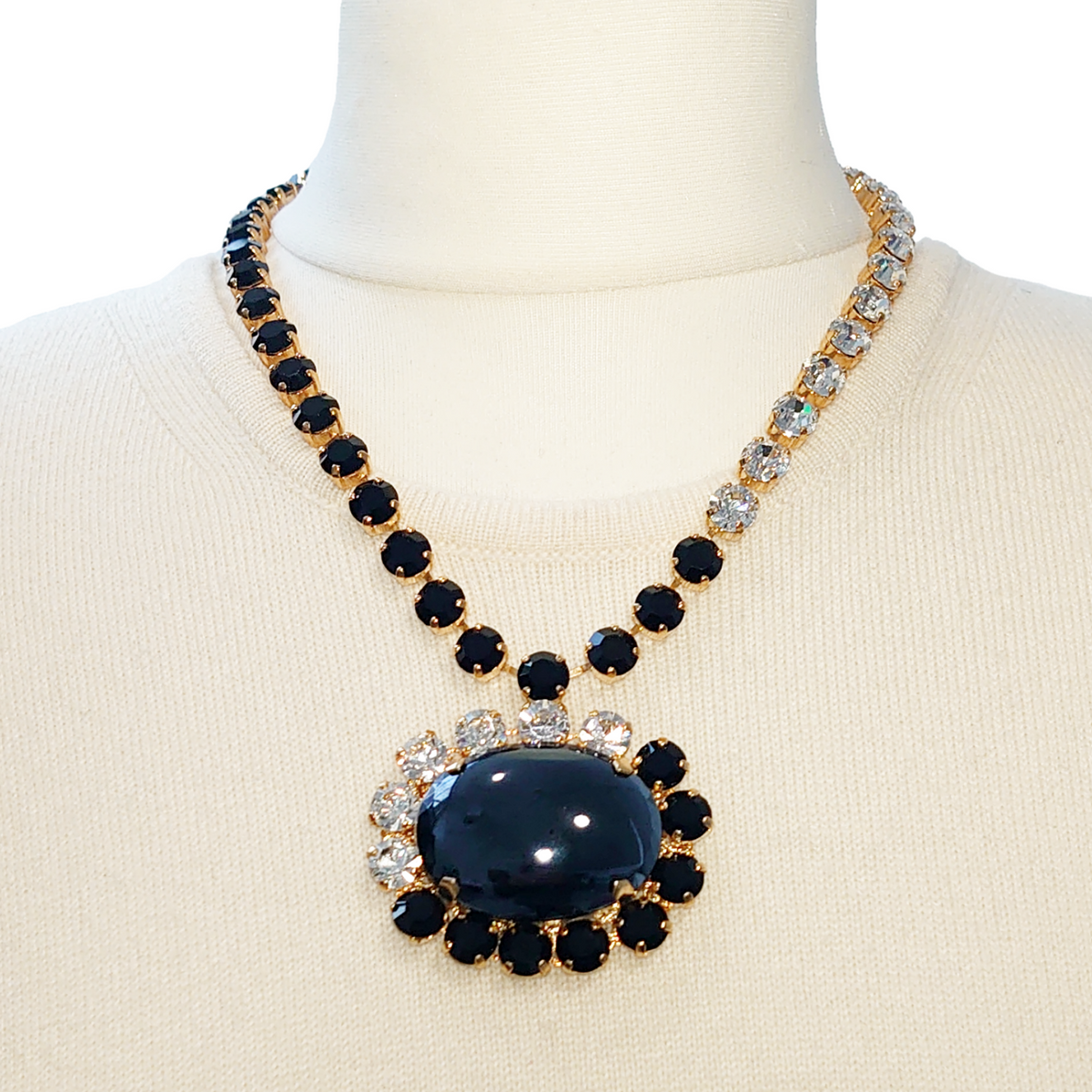Bespoke Swarovski Crystals Necklace with Vintage Precious Stone - Black