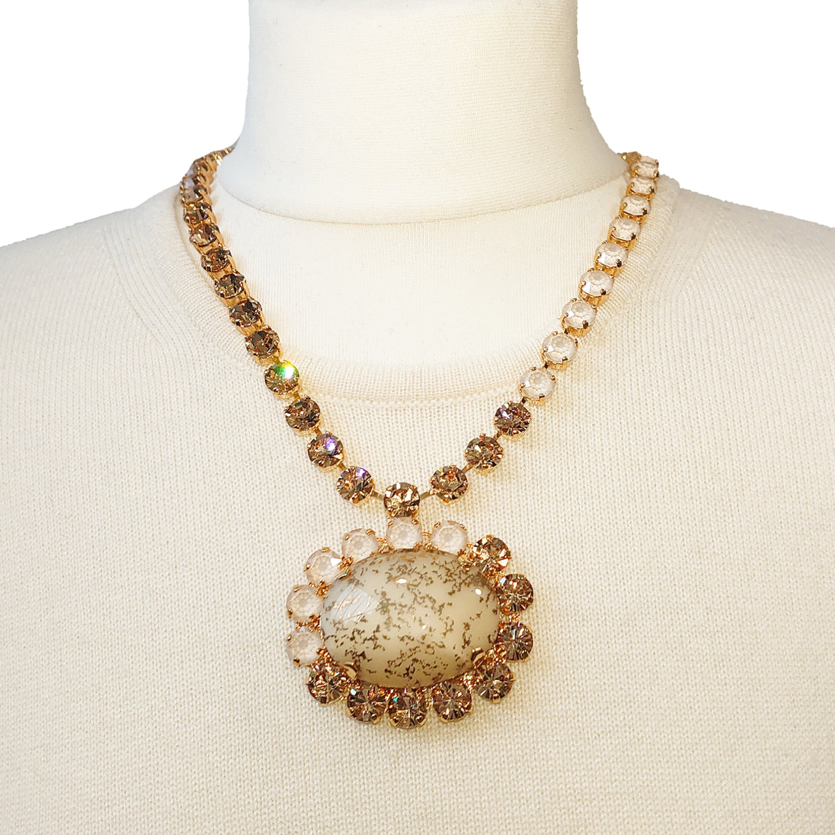 Bespoke Swarovski Crystals Necklace with Vintage Precious Stone - Cream