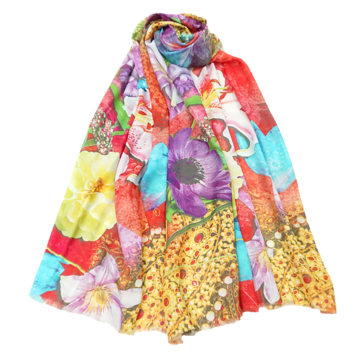 Fine Pashmina Stole - Large Scarf - Red with Large Colourful Flowers
