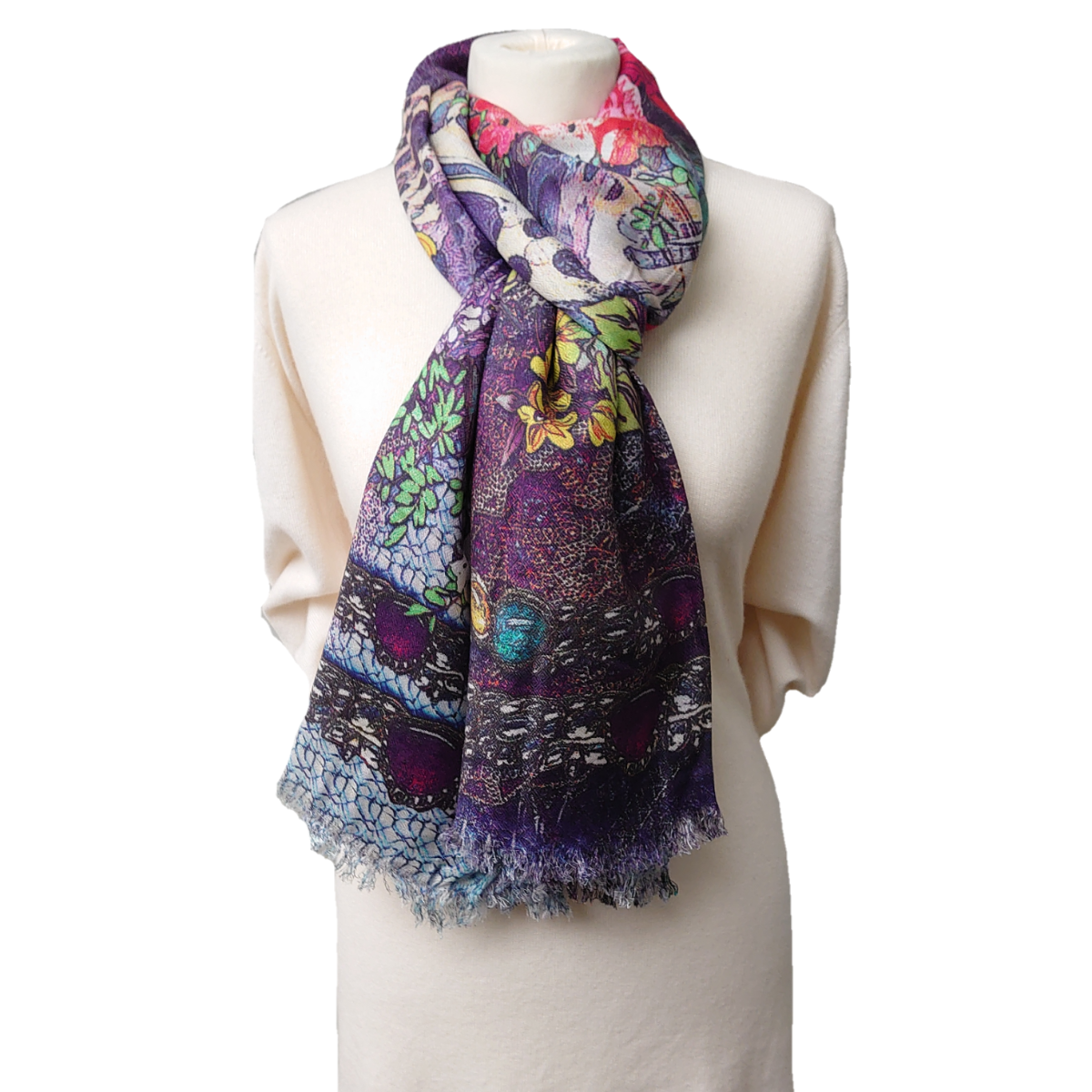Fine Pashmina Stole - Large Scarf - Shades Of Purple With Flowers