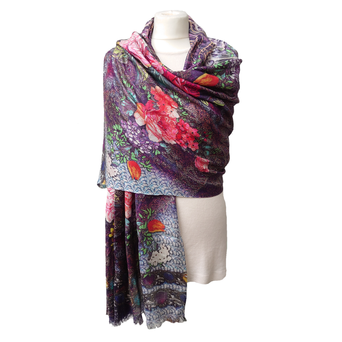 Fine Pashmina Stole - Large Scarf - Shades Of Purple With Flowers