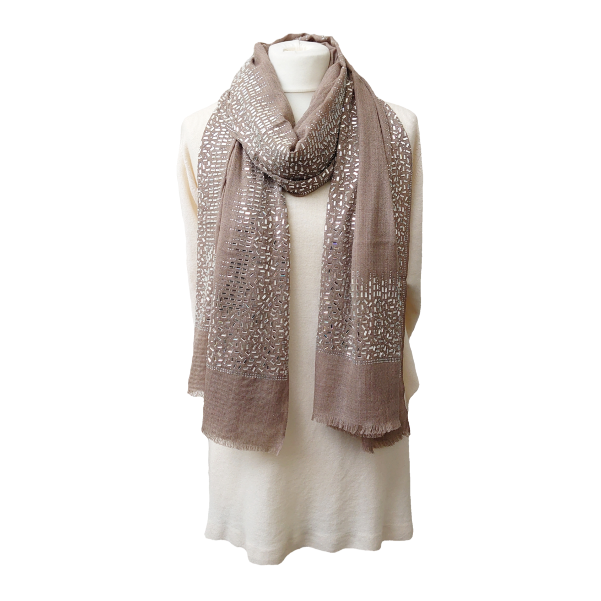 Exclusive, Limited Edition Luxury Pashmina Stole With Crystals - Taupe-Silver