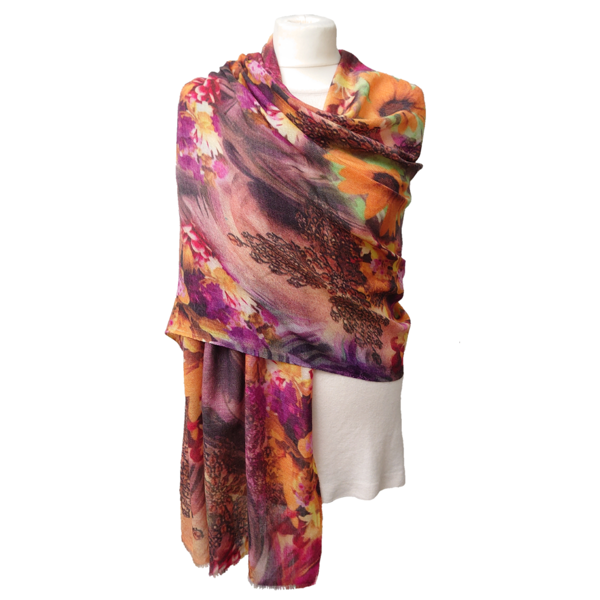Ltd Edition 100% Pure Pashmina Cashmere Stole - Large Scarf - Yellow And Pink Flowers